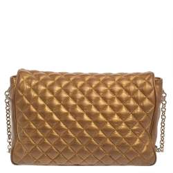 Pre Owned Carolina Herrera Gold Quilted Leather Flap Chain Shoulder Bag