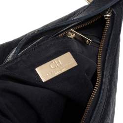 Pre Owned Carolina Herrera Black Monogram Embossed Leather Expandable Hobo