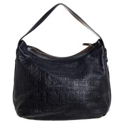 Pre Owned Carolina Herrera Black Monogram Embossed Leather Expandable Hobo