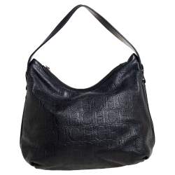 Pre Owned Carolina Herrera Black Monogram Embossed Leather Expandable Hobo