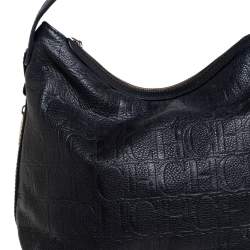 Pre Owned Carolina Herrera Black Monogram Embossed Leather Expandable Hobo
