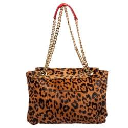 Pre Owned Carolina Herrera Brown/Red Leopard Print Calfhair and Leather Audrey Bow Shoulder Bag