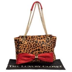 Pre Owned Carolina Herrera Brown/Red Leopard Print Calfhair and Leather Audrey Bow Shoulder Bag