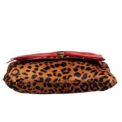 Pre Owned Carolina Herrera Brown/Red Leopard Print Calfhair and Leather Audrey Bow Shoulder Bag