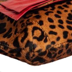Pre Owned Carolina Herrera Brown/Red Leopard Print Calfhair and Leather Audrey Bow Shoulder Bag