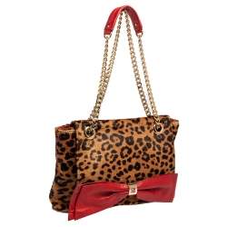 Pre Owned Carolina Herrera Brown/Red Leopard Print Calfhair and Leather Audrey Bow Shoulder Bag
