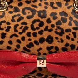 Pre Owned Carolina Herrera Brown/Red Leopard Print Calfhair and Leather Audrey Bow Shoulder Bag
