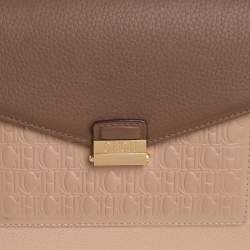 Pre Owned Carolina Herrera Beige/Brown Monogram Embossed Leather Top Handle Bag