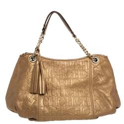 Carolina Herrera Golden Brown Monogram Embossed Leather Tassel Hobo