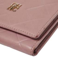 Pre Owned Carolina Herrera Nude Pink Quilted Leather Logo Flap Trifold Wallet