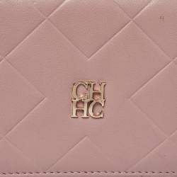 Pre Owned Carolina Herrera Nude Pink Quilted Leather Logo Flap Trifold Wallet