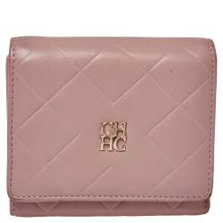 Pre Owned Carolina Herrera Nude Pink Quilted Leather Logo Flap Trifold Wallet