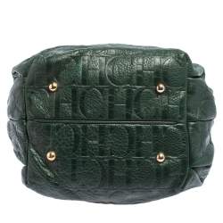 Pre Owned Carolina Herrera Dark Green Monogram Embossed Leather Bow Bucket Shoulder Bag