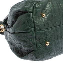 Pre Owned Carolina Herrera Dark Green Monogram Embossed Leather Bow Bucket Shoulder Bag