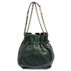 Pre Owned Carolina Herrera Dark Green Monogram Embossed Leather Bow Bucket Shoulder Bag