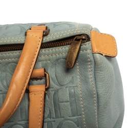 Pre Owned Carolina Herrera Powder Blue Monogram Embossed Leather Andy Boston Bag