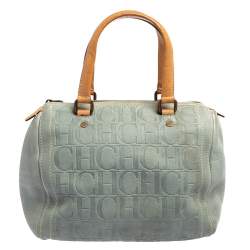 Pre Owned Carolina Herrera Powder Blue Monogram Embossed Leather Andy Boston Bag