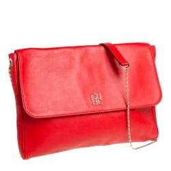Pre Owned Carolina Herrera Crimson Red Leather Flap Chain Shoulder Bag