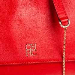 Pre Owned Carolina Herrera Crimson Red Leather Flap Chain Shoulder Bag