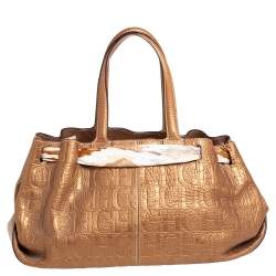 Pre Owned Carolina Herrera Metallic Gold Monogram Embossed Leather Scarf Tote