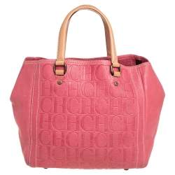 Pre Owned Carolina Herrera Pink Monogram Leather Tote
