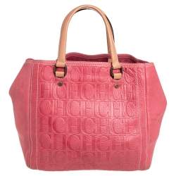 Pre Owned Carolina Herrera Pink Monogram Leather Tote