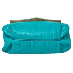 Pre Owned Carolina Herrera Turquoise Monogram Leather Flap Shoulder Bag
