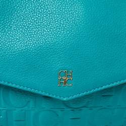Pre Owned Carolina Herrera Turquoise Monogram Leather Flap Shoulder Bag