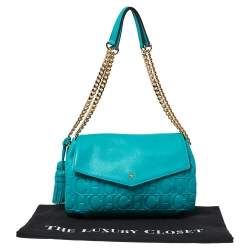 Pre Owned Carolina Herrera Turquoise Monogram Leather Flap Shoulder Bag