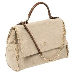 Pre Owned Carolina Herrera Beige Canvas Minuetto Flap Top Handle Bag
