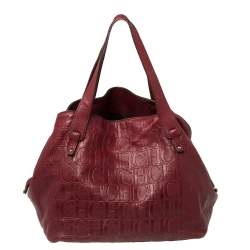 Pre Owned Carolina Herrera Burgundy Monogram Embossed Leather Middle Zip Satchel