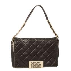 Pre Owned Carolina Herrera Brown/Beige Monogram Leather and Canvas Flap Shoulder Bag