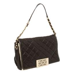 Pre Owned Carolina Herrera Brown/Beige Monogram Leather and Canvas Flap Shoulder Bag