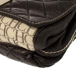 Pre Owned Carolina Herrera Brown/Beige Monogram Leather and Canvas Flap Shoulder Bag