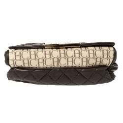 Pre Owned Carolina Herrera Brown/Beige Monogram Leather and Canvas Flap Shoulder Bag