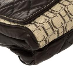 Pre Owned Carolina Herrera Brown/Beige Monogram Leather and Canvas Flap Shoulder Bag