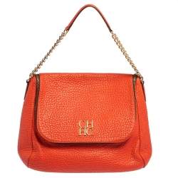 Pre Owned Carolina Herrera Orange Leather Zip Hobo