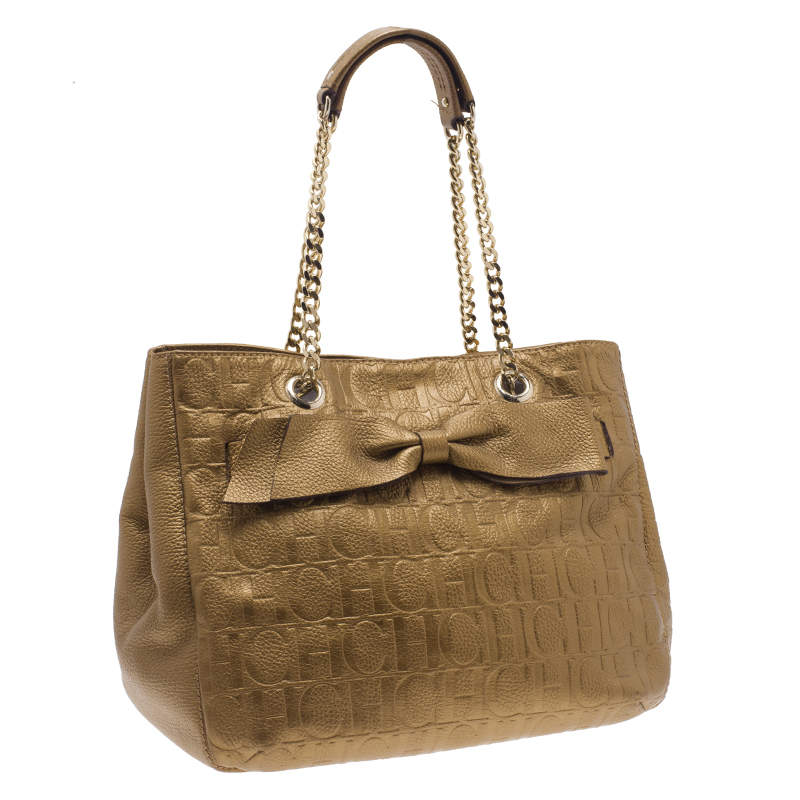 Pre Owned Carolina Herrera Gold Monogram Leather Audrey Tote Bag