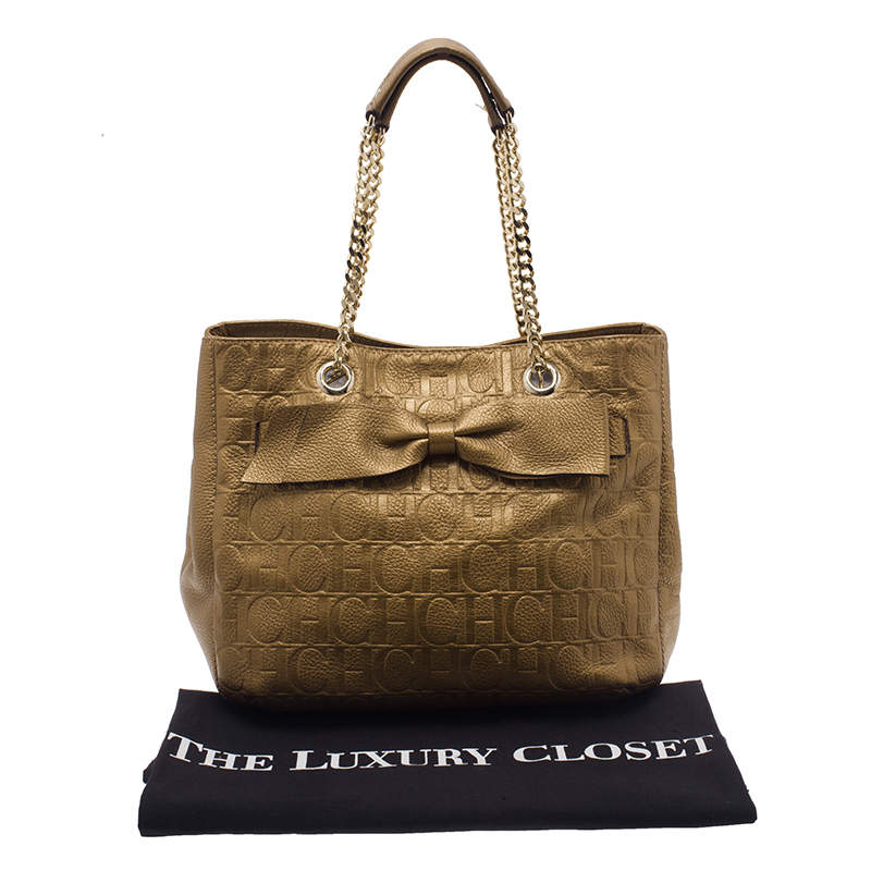 Pre Owned Carolina Herrera Gold Monogram Leather Audrey Tote Bag