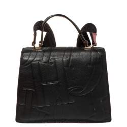 Pre Owned Carolina Herrera Black Embossed Leather Pushlock Flap Top Handle Bag