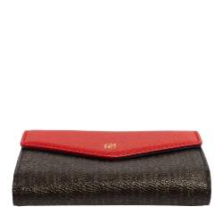Pre Owned Carolina Herrera Red/Brown Monogram Coated Canvas and Leather Flap Compact Wallet
