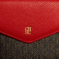 Pre Owned Carolina Herrera Red/Brown Monogram Coated Canvas and Leather Flap Compact Wallet