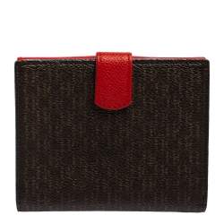 Pre Owned Carolina Herrera Red/Brown Monogram Coated Canvas and Leather Flap Compact Wallet