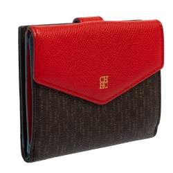 Pre Owned Carolina Herrera Red/Brown Monogram Coated Canvas and Leather Flap Compact Wallet