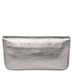 Pre Owned Carolina Herrera Metallic Silver Leather Flap Clutch
