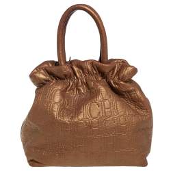 Pre Owned Carolina Herrera Metallic Gold Monogram Leather Bucket Bag