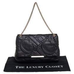 Pre Owned Carolina Herrera Black Embossed Leather Flap Chain Shoulder Bag