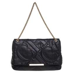 Pre Owned Carolina Herrera Black Embossed Leather Flap Chain Shoulder Bag