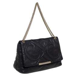 Pre Owned Carolina Herrera Black Embossed Leather Flap Chain Shoulder Bag