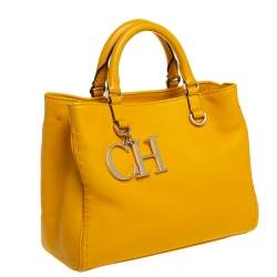 Pre Owned Carolina Herrera Yellow Leather Charm Tote